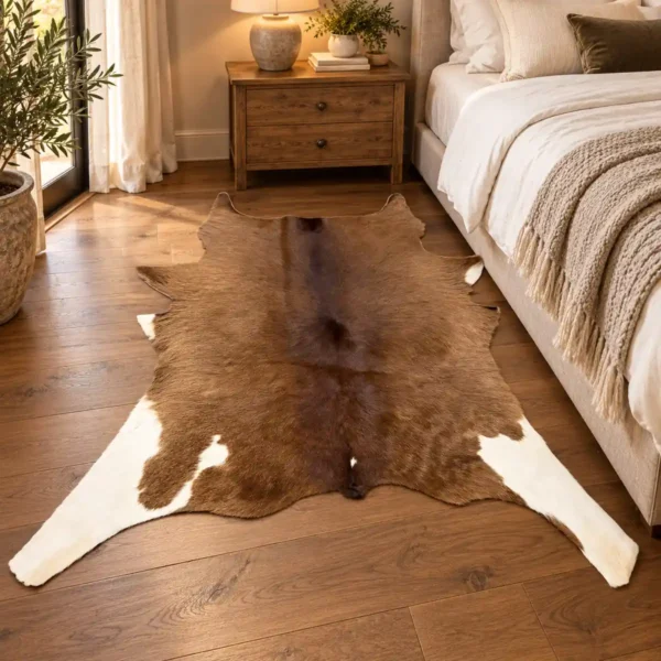 Calf hide rug brown white legs - bedroom