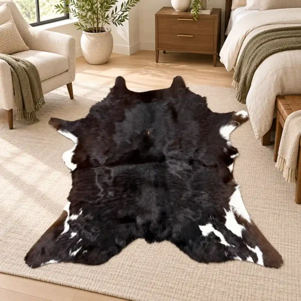 Calf hide rug black brown tricolor - bedroom