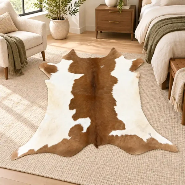 Calf hide rug brown white spine - bedroom