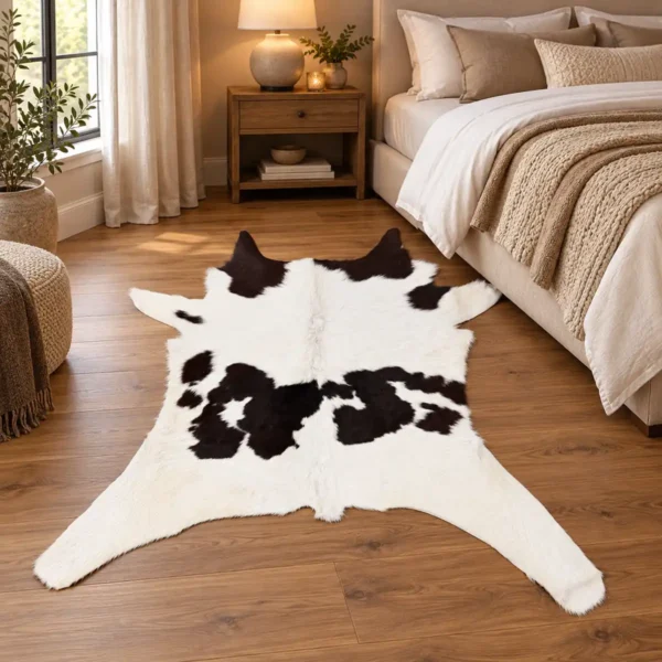 Calf hide rug black white - bedroom