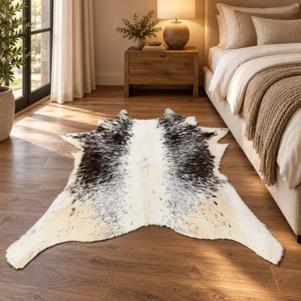 Calf hide rug black white spotted - bedroom