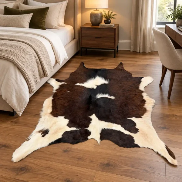 Calf hide rug dark brown white - bedroom