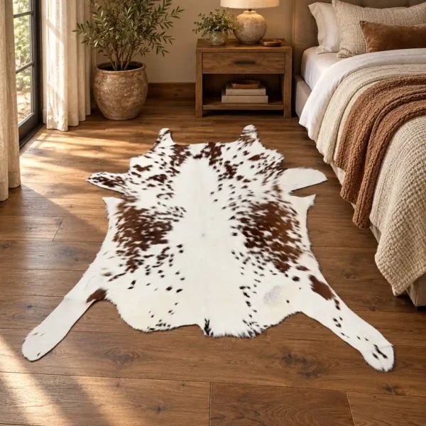 Calf hide rug brown white speckled - bedroom