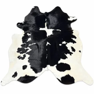 Brazilian cowhide rug in black and white bold pattern made from genuine cowhide shown on a white background
