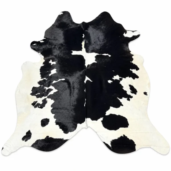 Brazilian cowhide rug in black and white bold pattern made from genuine cowhide shown on a white background