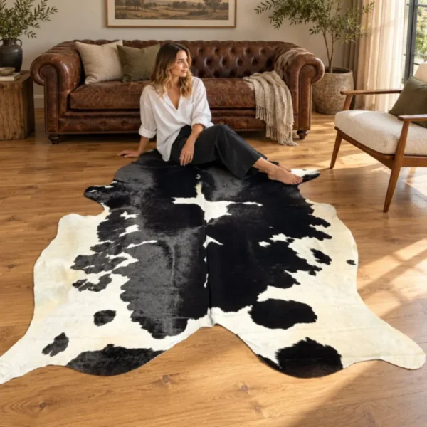 Brazilian cowhide rug in black and white bold pattern made from genuine cowhide shown in an Australian living room