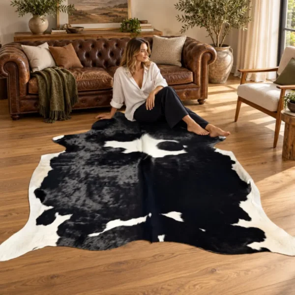 Brazilian cowhide rug in black and white made from genuine cowhide shown in an Australian living room