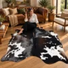 Brazilian cowhide rug in black brown and white speckled made from genuine cowhide shown in an Australian living room