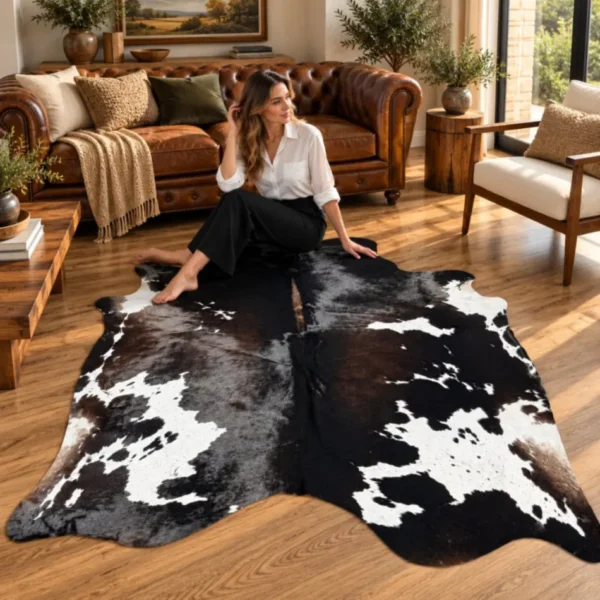 Brazilian cowhide rug in black brown and white speckled made from genuine cowhide shown in an Australian living room