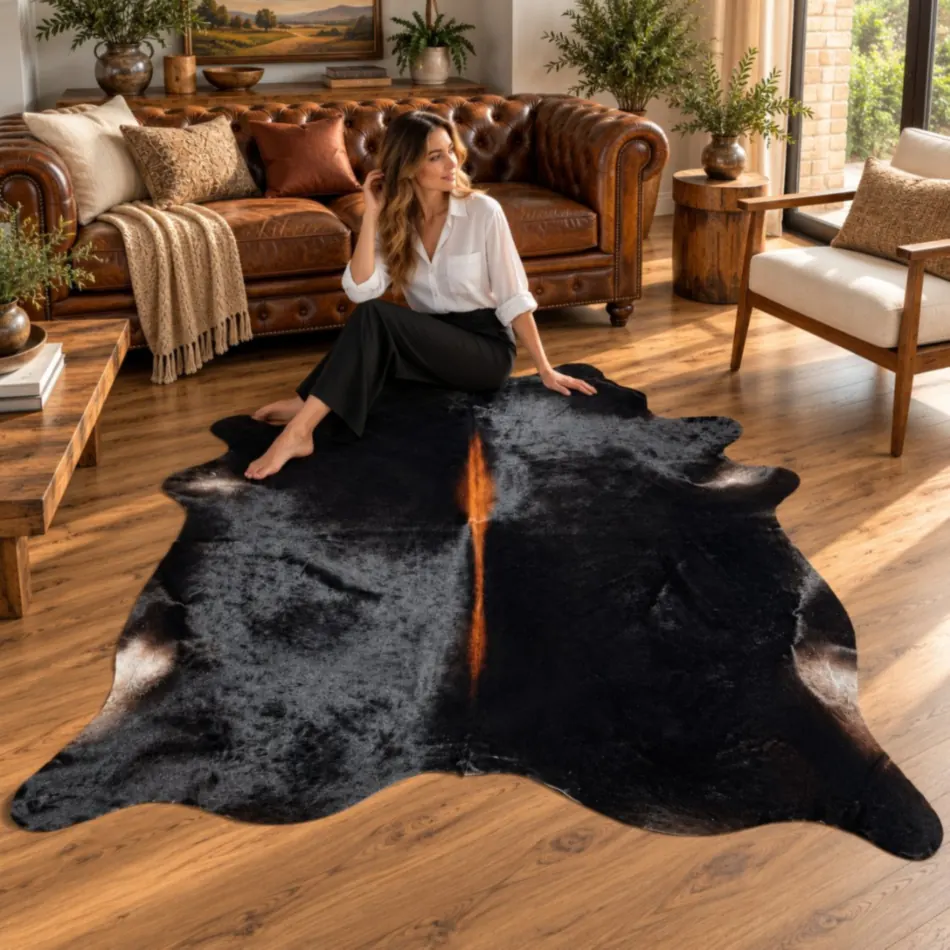 Brazilian cowhide rug in black with brown spine made from genuine cowhide shown in an Australian living room