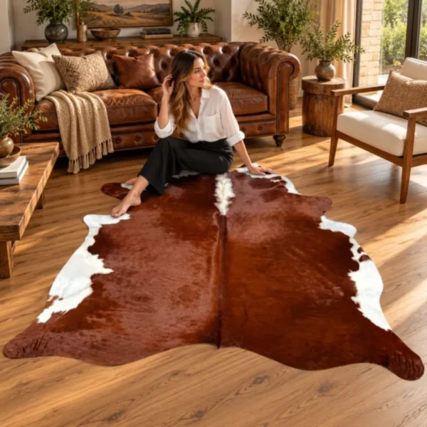 Brazilian cowhide rug in brindle brown made from genuine cowhide shown in an Australian living room