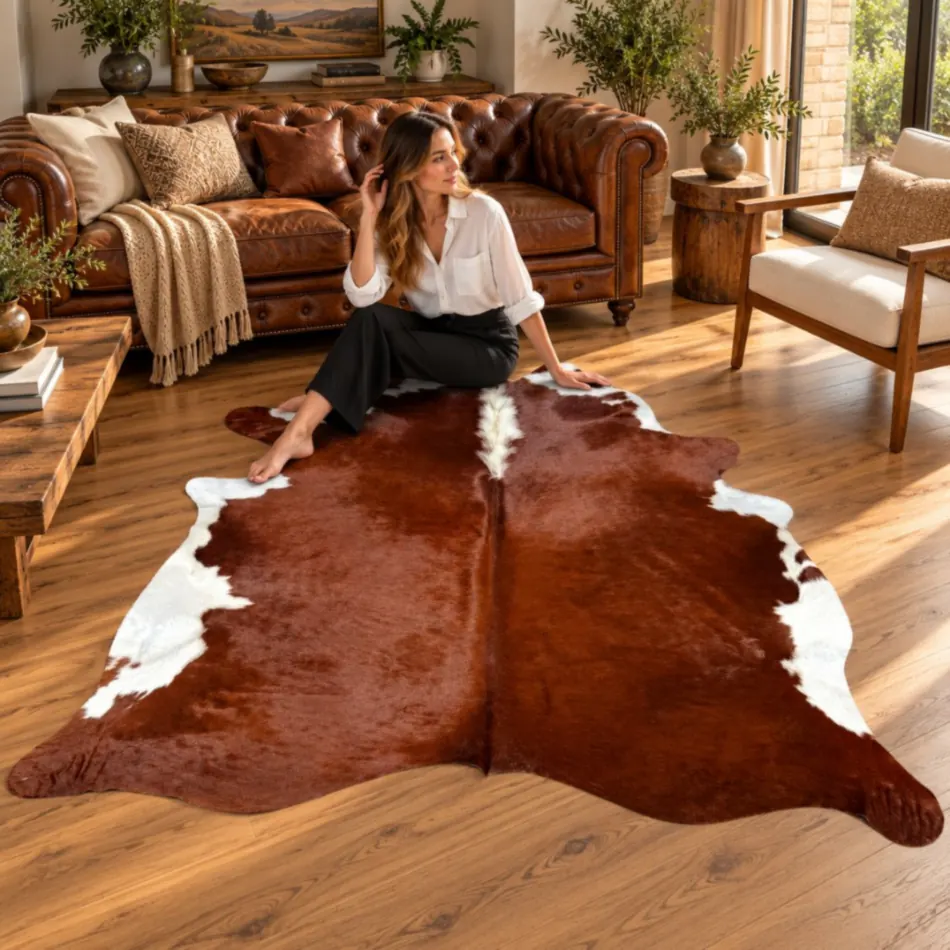 Brazilian cowhide rug in brindle brown made from genuine cowhide shown in an Australian living room