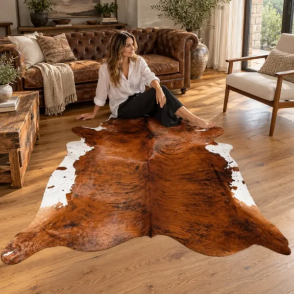 Brazilian cowhide rug in chestnut and white made from genuine cowhide shown in an Australian living room
