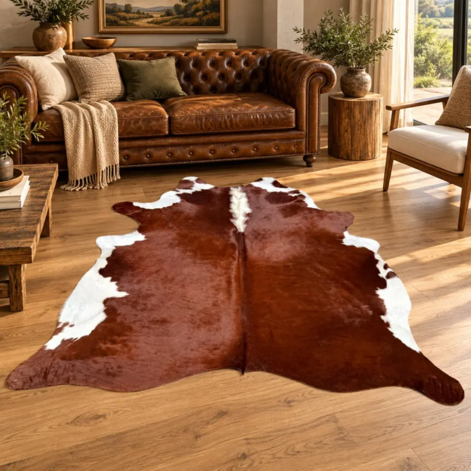 Brazilian cowhide rug in Chestnut Brown and White made from genuine cowhide shown in an Australian living room