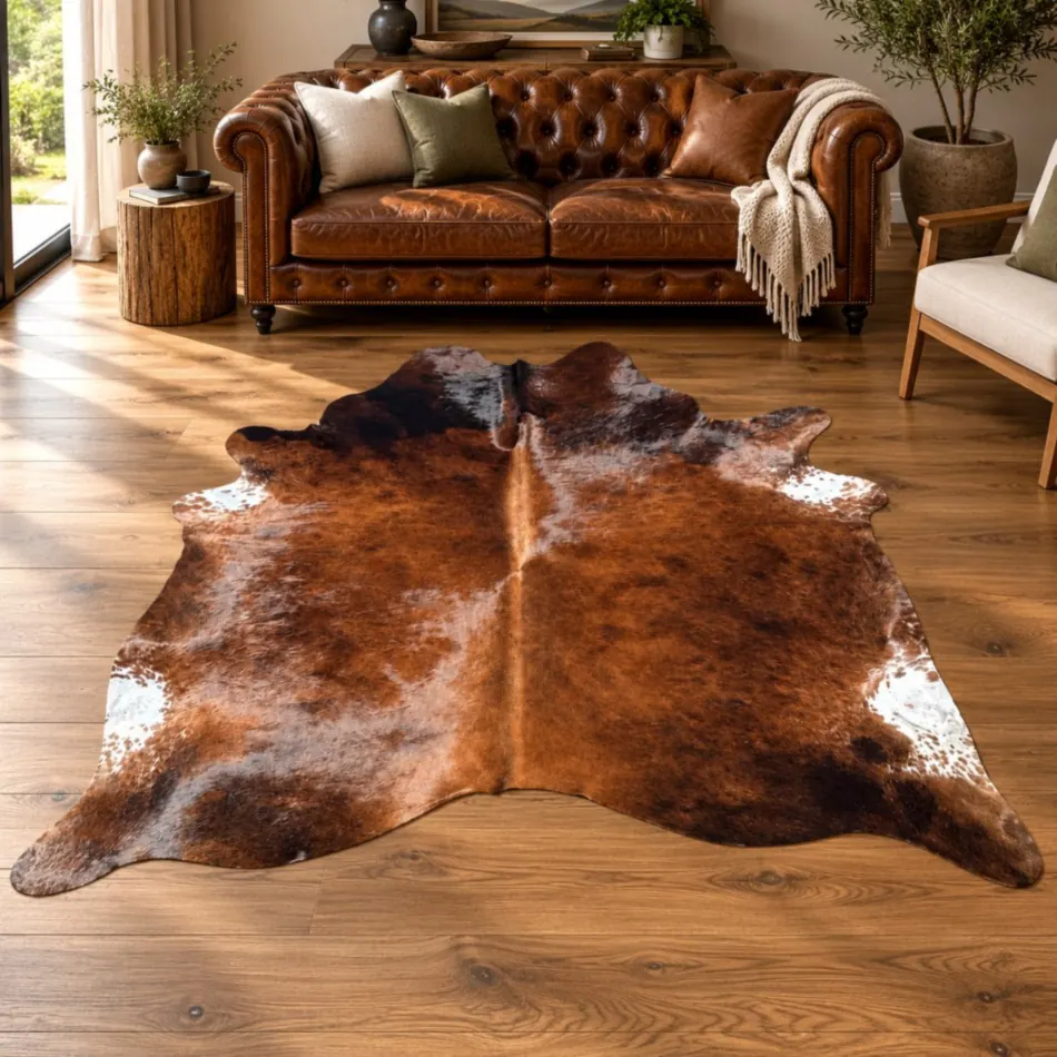 Brazilian cowhide rug in Dark Brindle Brown made from genuine cowhide shown in an Australian living room