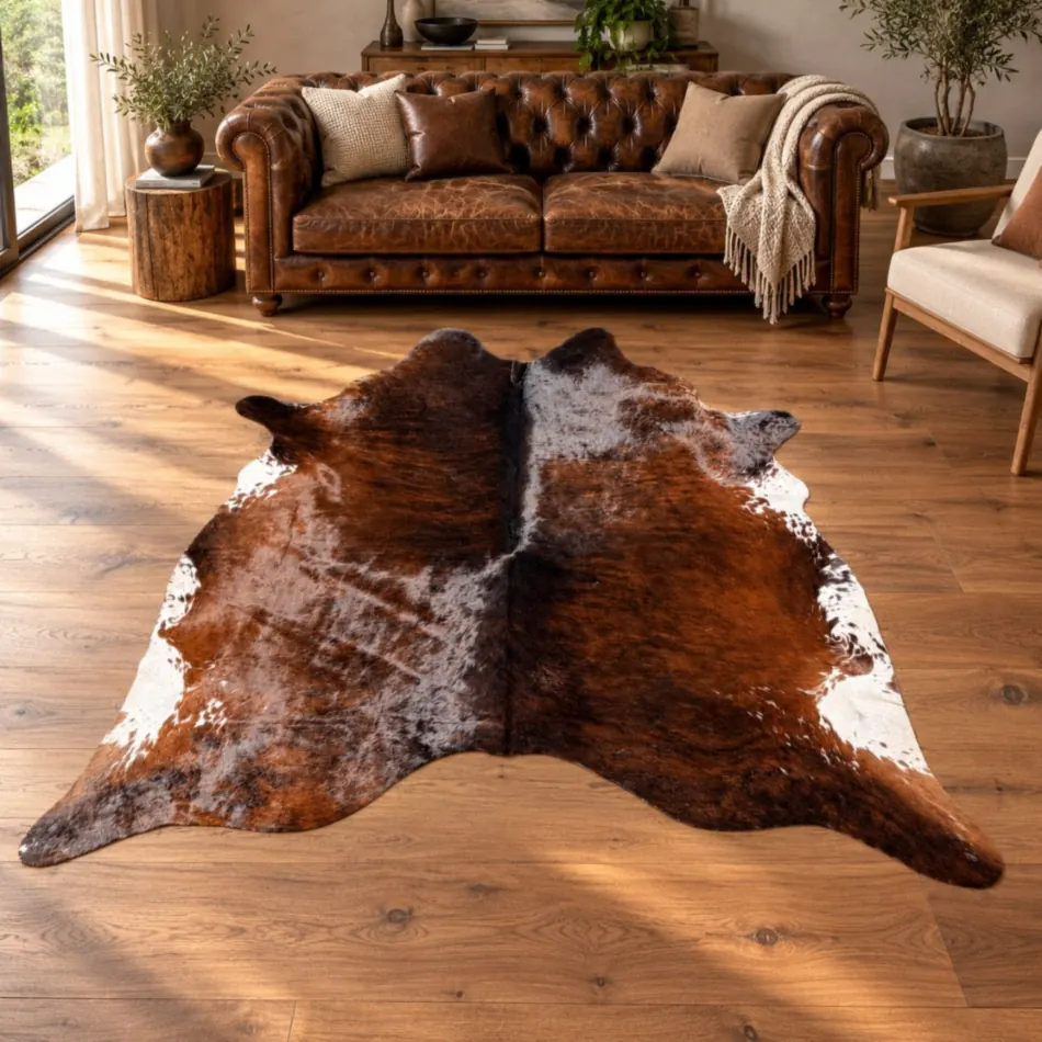 Brazilian cowhide rug in Dark Brindle Speckled made from genuine cowhide shown in an Australian living room