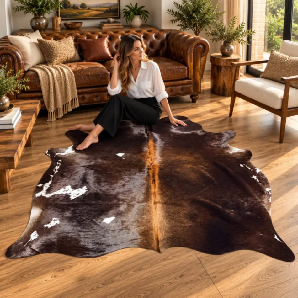 Brazilian cowhide rug in dark brown espresso made from genuine cowhide shown in an Australian living room