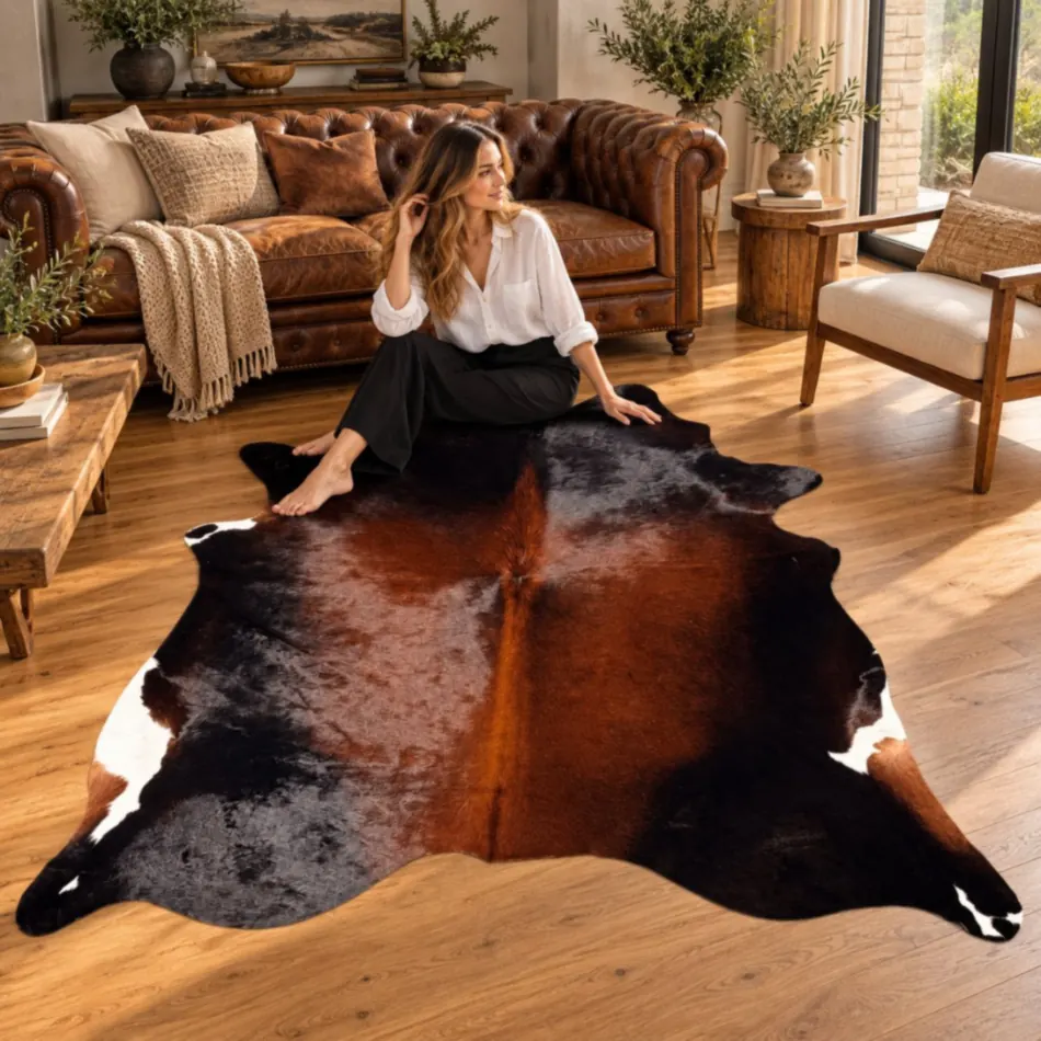 Brazilian cowhide rug in exotic black and brown made from genuine cowhide shown in an Australian living room