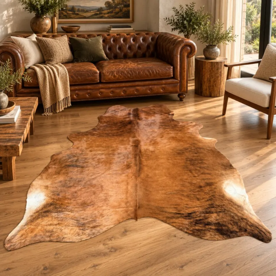 Brazilian cowhide rug in Light Brindle made from genuine cowhide shown in an Australian living room