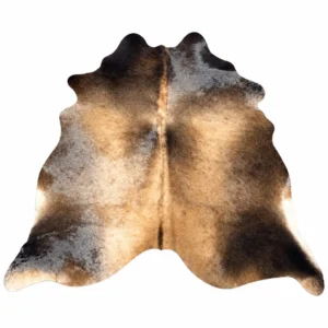 Brazilian cowhide rug in light brindle tan made from genuine cowhide shown on a white background