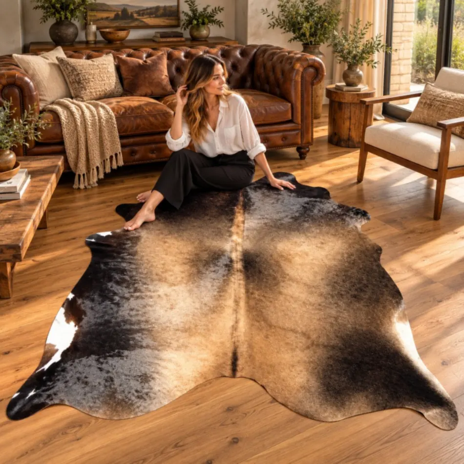 Brazilian cowhide rug in light brindle tan made from genuine cowhide shown in an Australian living room
