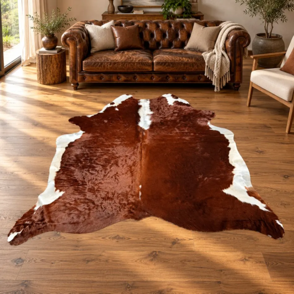 Brazilian cowhide rug in Mahogany Brown and White made from genuine cowhide shown in an Australian living room