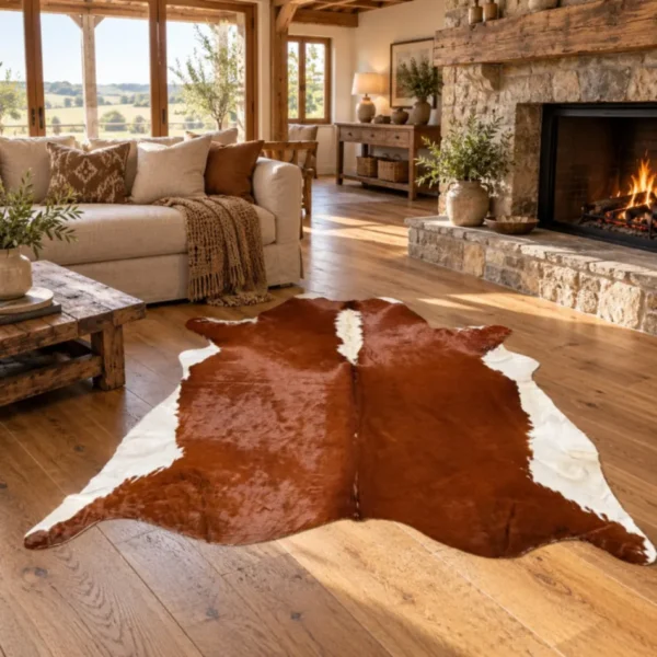 Brazilian cowhide rug in reddish brown and white made from genuine cowhide shown in an Australian living room