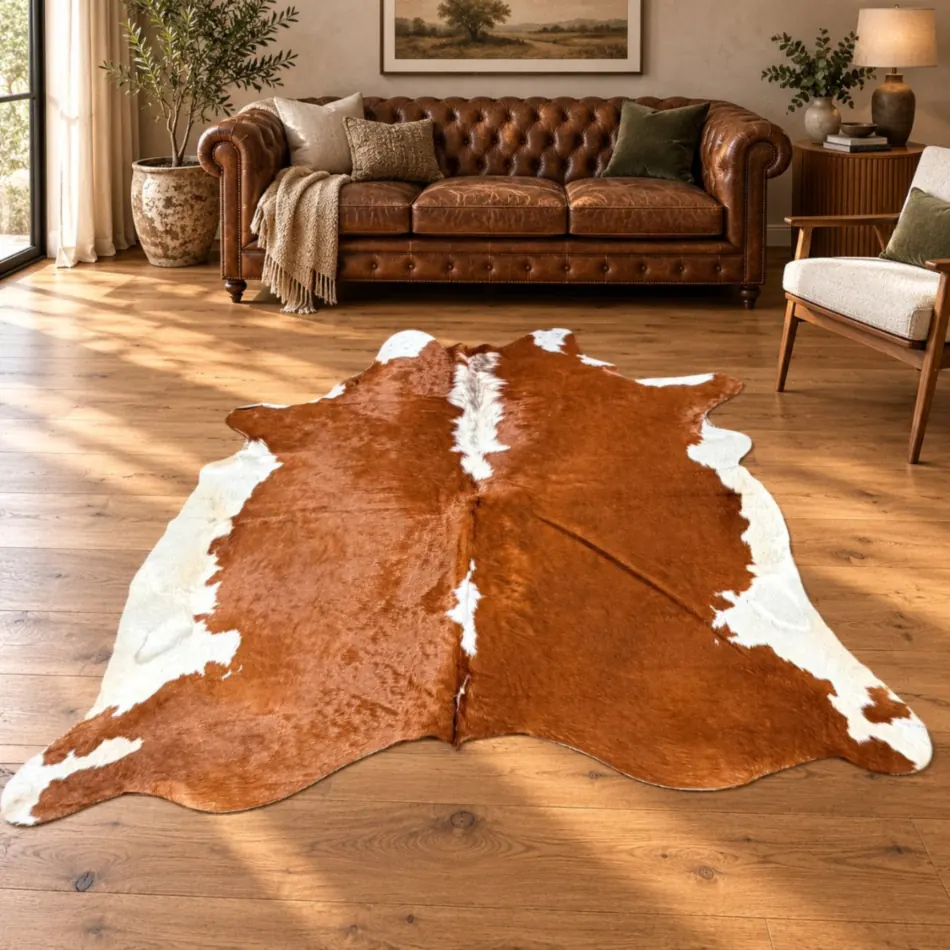 Brazilian cowhide rug in Reddish Brown and White made from genuine cowhide shown in an Australian living room