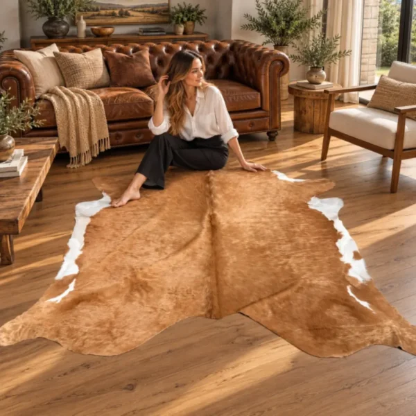 Brazilian cowhide rug in tan and white made from genuine cowhide shown in an Australian living room