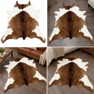 Calf hide rug brown white patched - collage