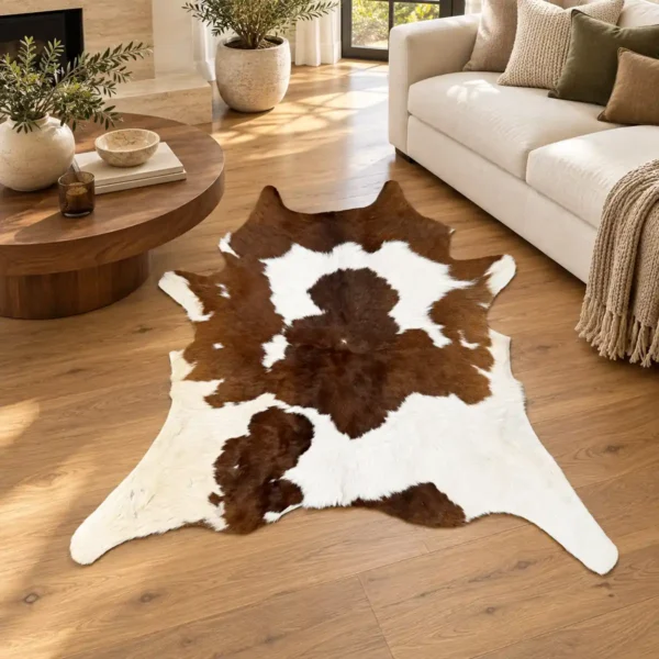Calf hide rug brown white - living room
