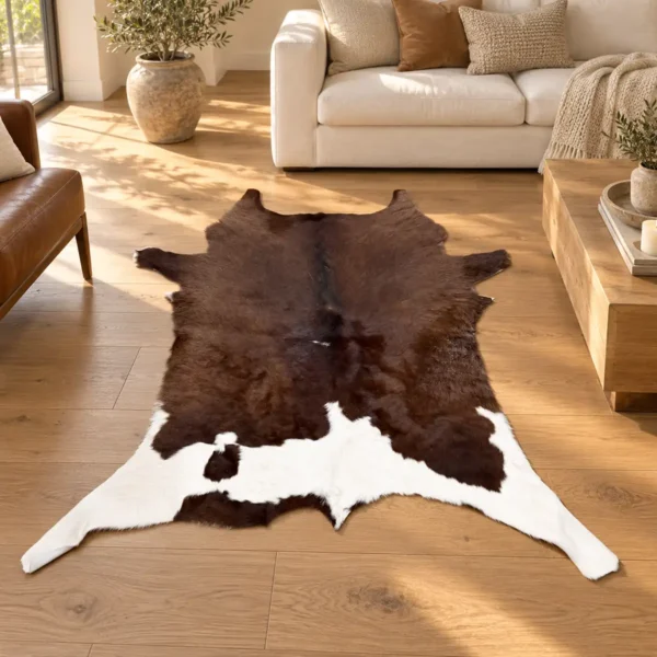 Calf hide rug chocolate brown white - living room