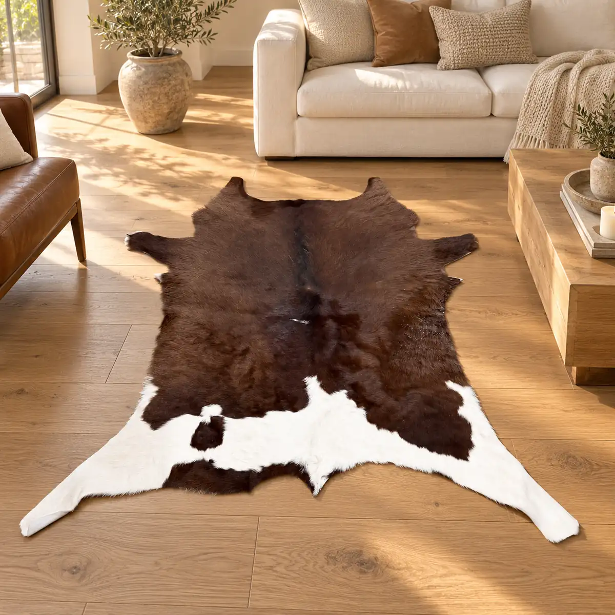 Calf hide rug chocolate brown white - living room