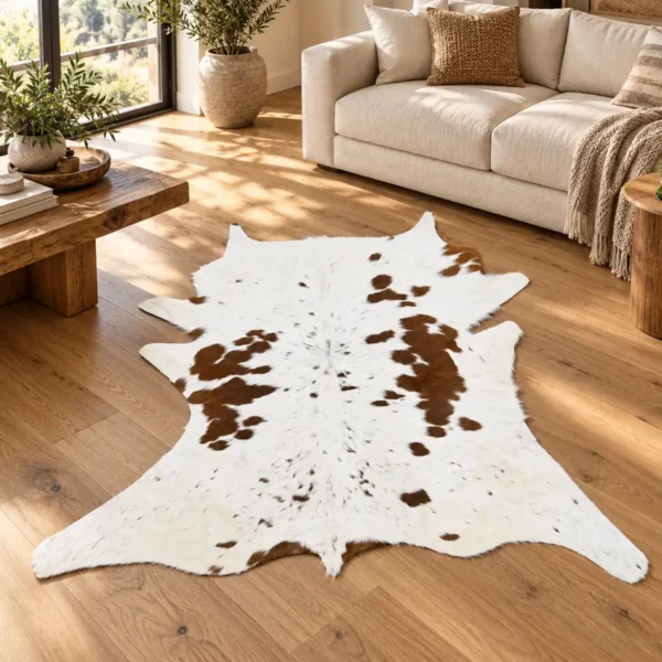 Calf hide rug white brown spotted - living room