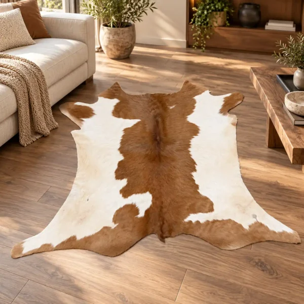 Calf hide rug tan white - living room