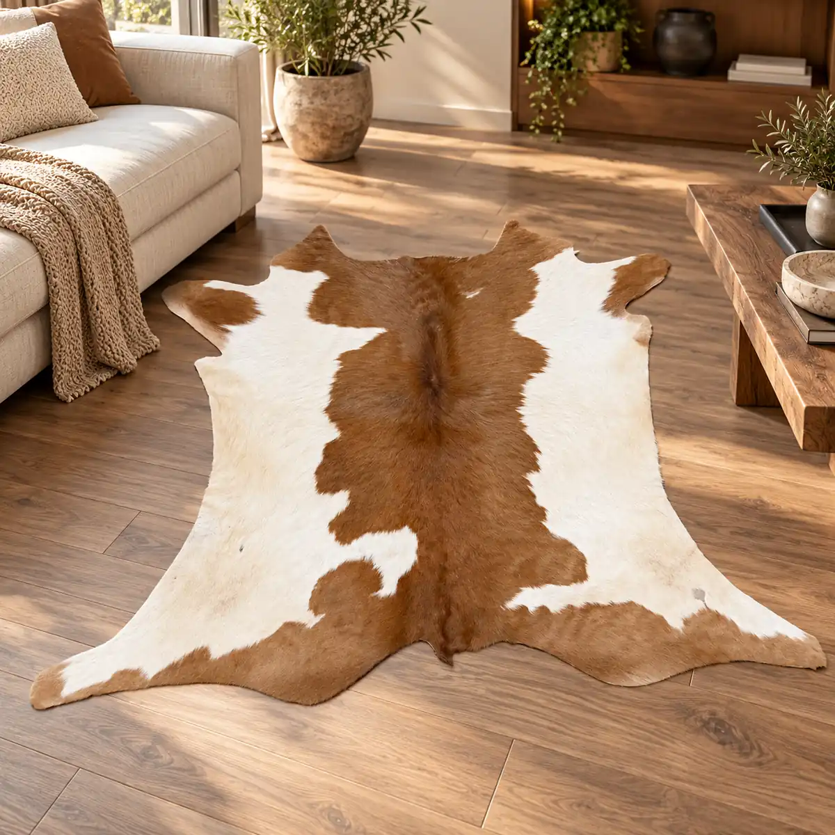 Calf hide rug tan white - living room