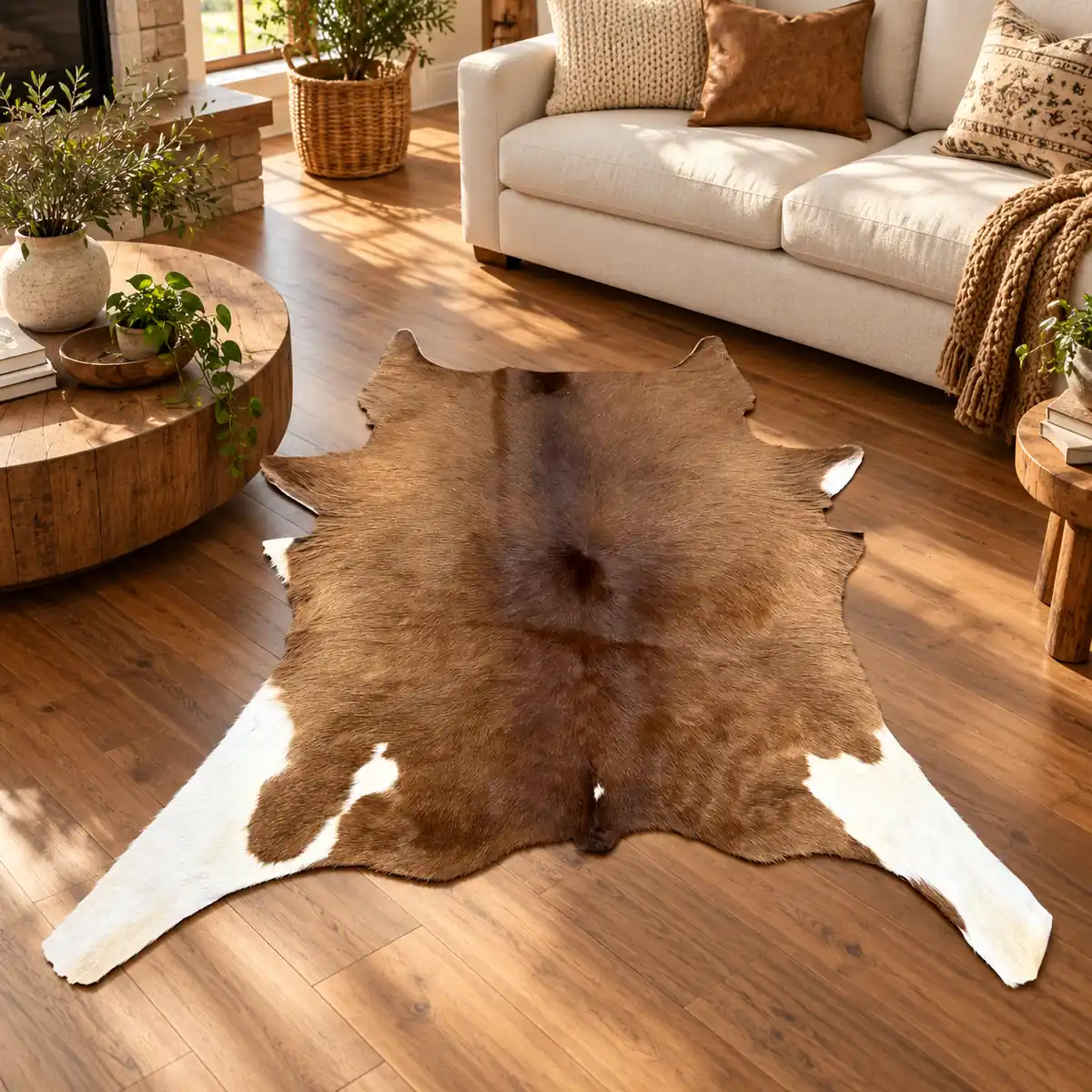 Calf hide rug brown white legs - living room