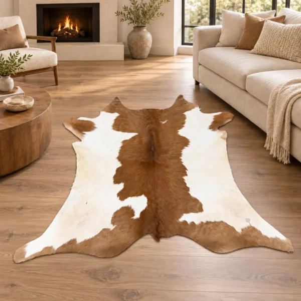 Calf hide rug brown white spine - living room