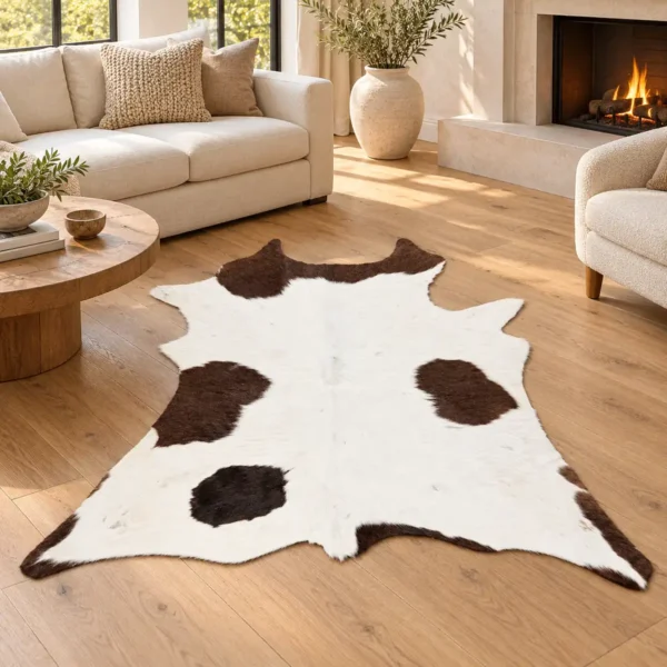 Calf hide rug white bold spots - living room