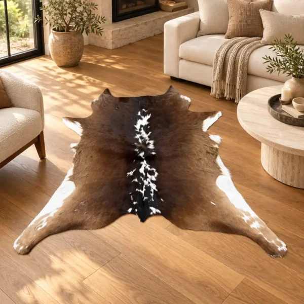 Calf hide rug brown spine stripe - living room