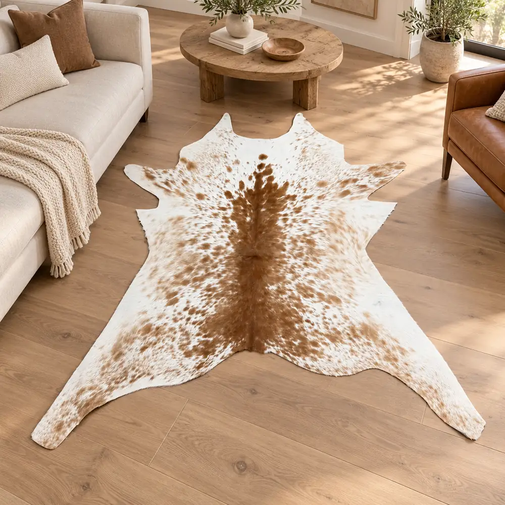 Calf hide rug white and caramel brown speckled - living room