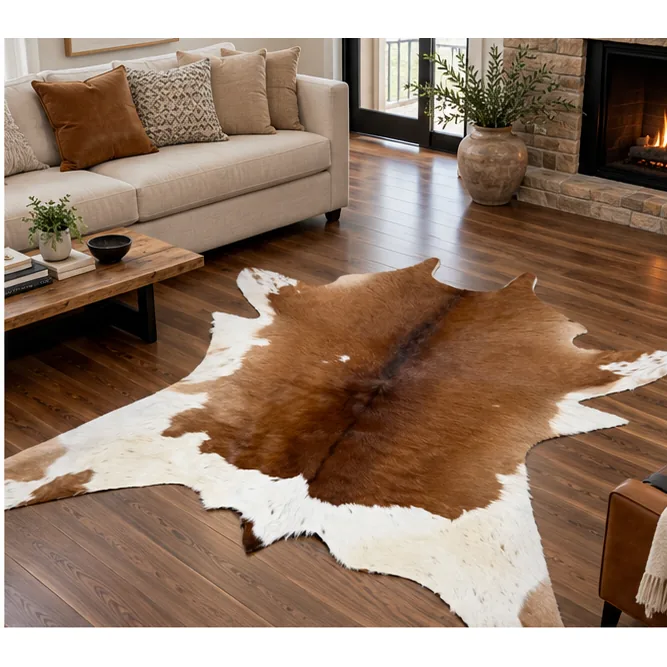 Calf hide rug chestnut brown and white - living room