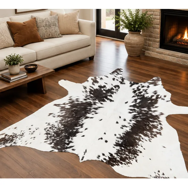 Calf hide rug white and dark brown speckled - living room