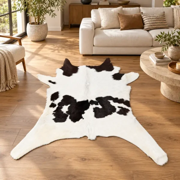 Calf hide rug black white - living room