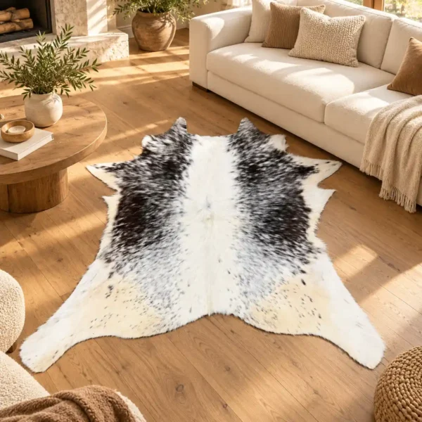 Calf hide rug black white spotted tan edges - living room