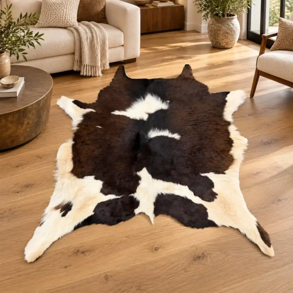 Calf hide rug dark brown white - living room