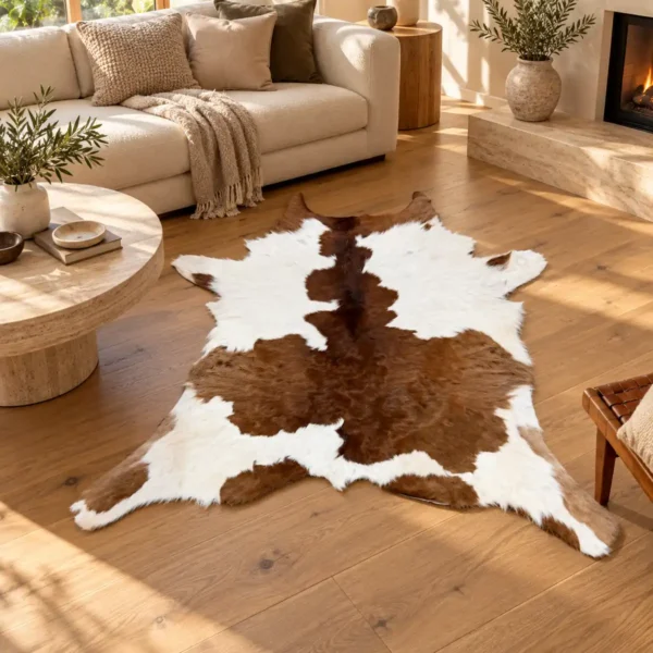Calf hide rug brown white - living room