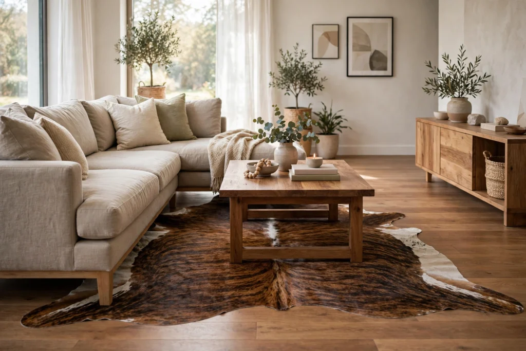 Large cowhide rug styled in a modern living room layout with sectional sofa