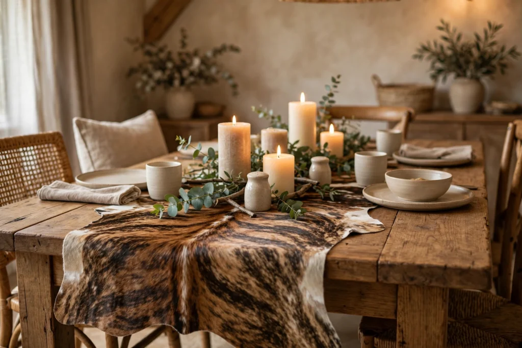 Rustic cowhide table runner styled on a wooden dining table with candles and greenery