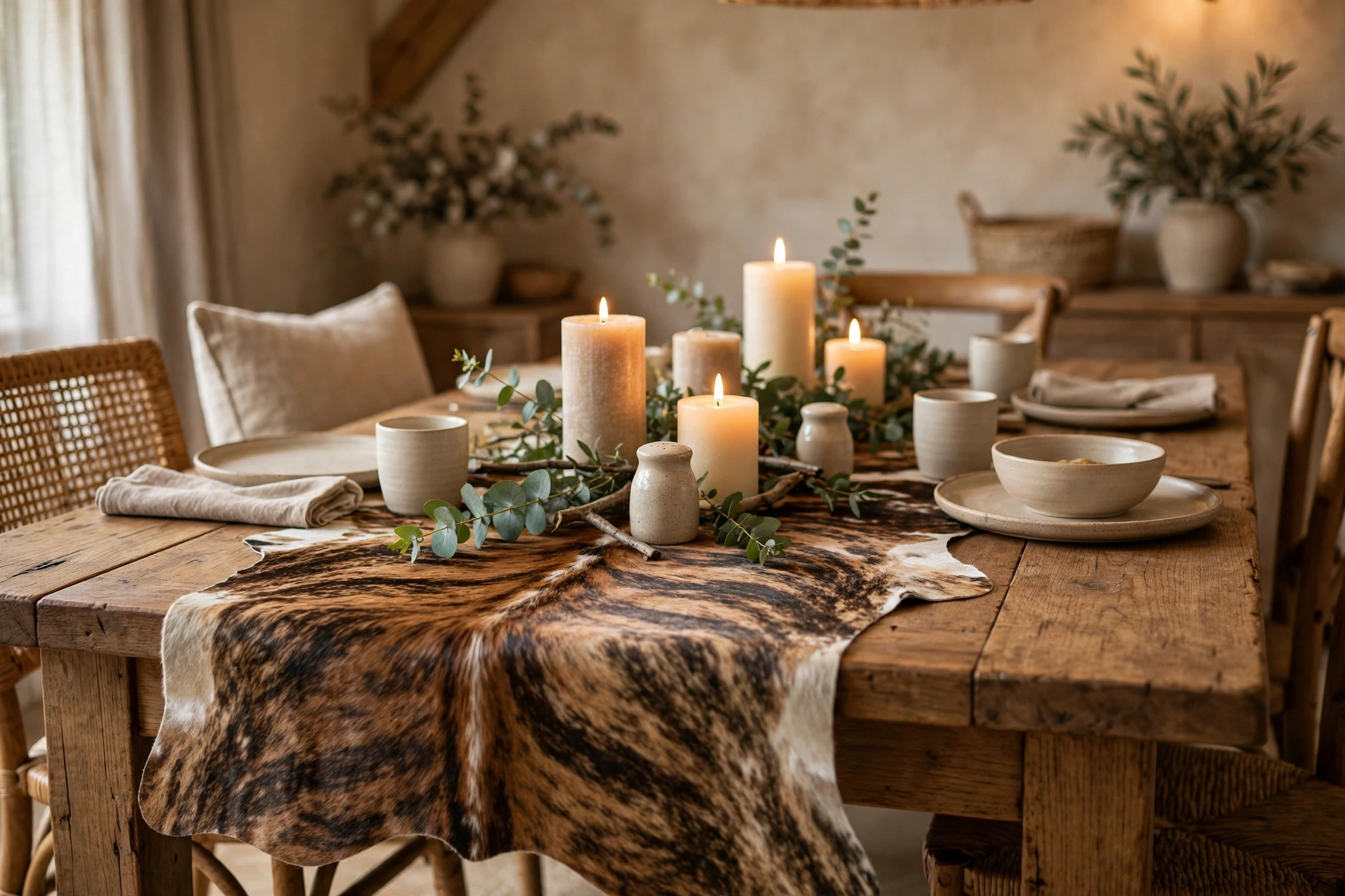 Rustic cowhide table runner styled on a wooden dining table with candles and greenery